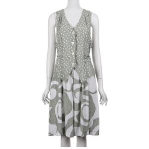 VINTAGE 80s Women Romper 10 Green Polka Dot Swirl Print Button Front Tie Back